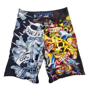 Ed Hardy Mens Death or Glory Skull Dragon Board Shorts Multicolor Size 31 Tattoo